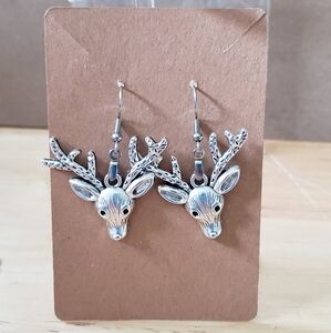 Silver Deer/Stag Dangle Earrings With Fishhook Backing
